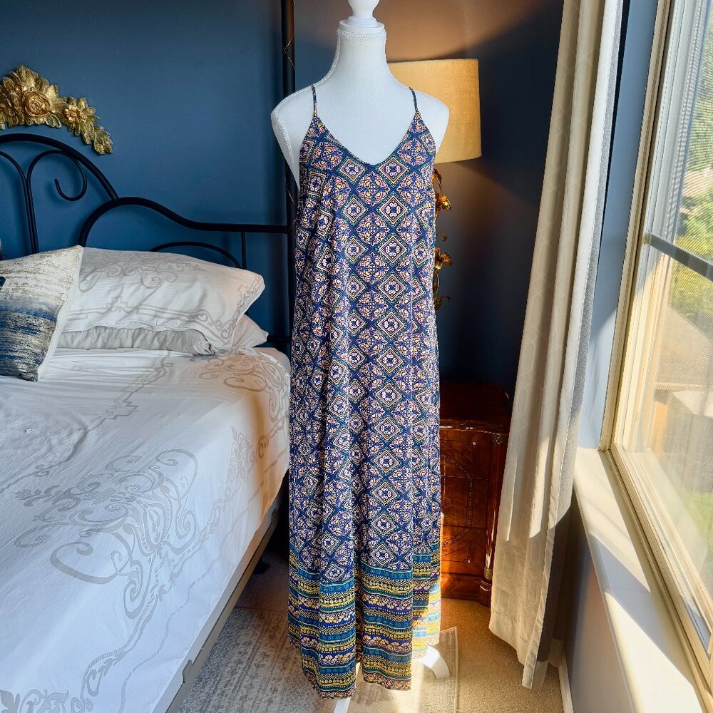 Old Navy Blue and Yellow Patterned Maxi Dress